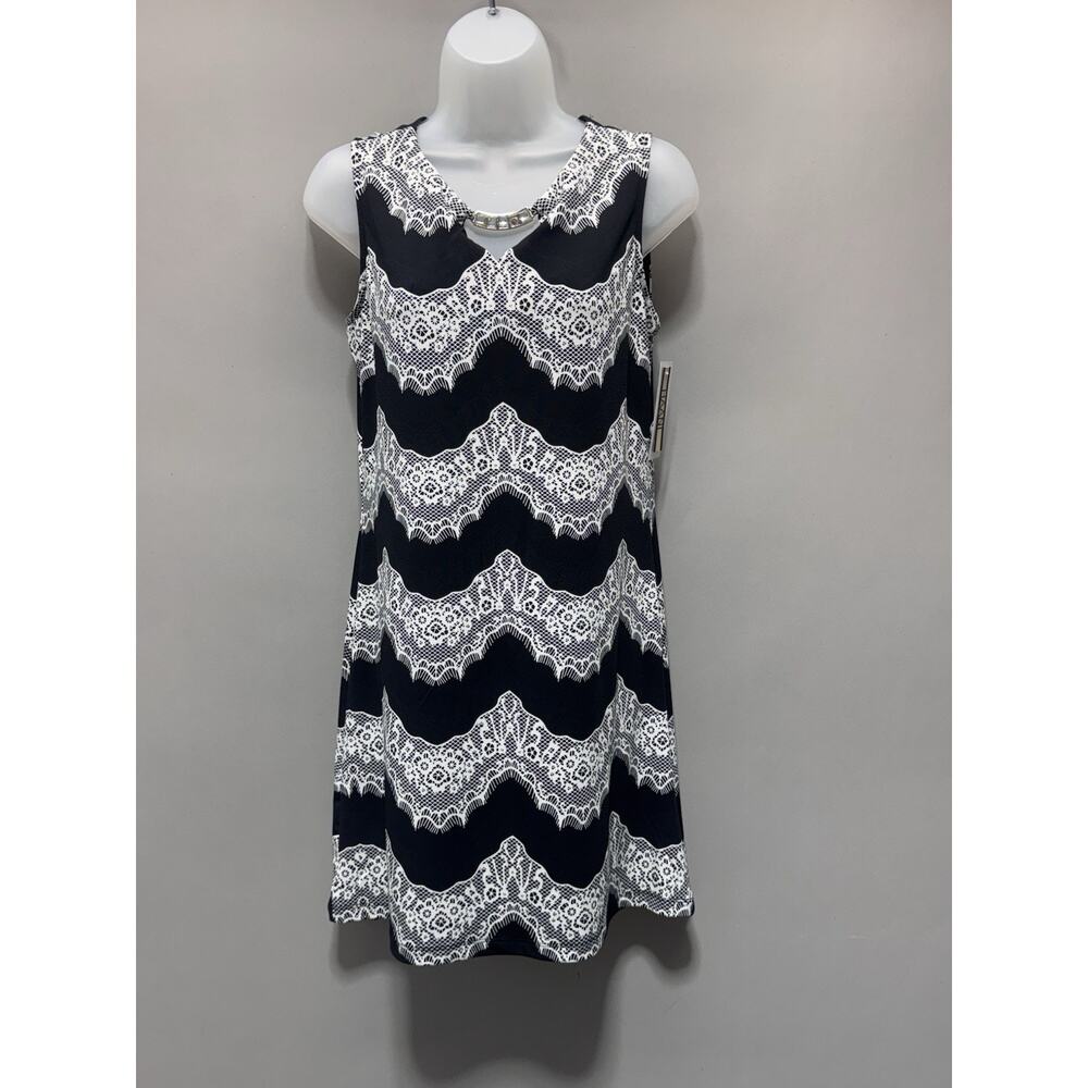 HAANI Petite PM Black White Lace Print Shift Dress Beaded Neck Sleeveless NWT